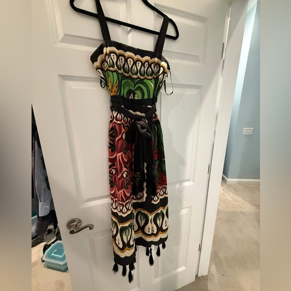FARM Rio Strapless Dress with Green, Red, and Black Patterns